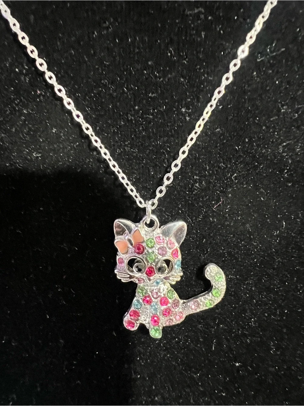 Silver Multi-Color Crystal Cat Pendant Necklace - Pets Cat
